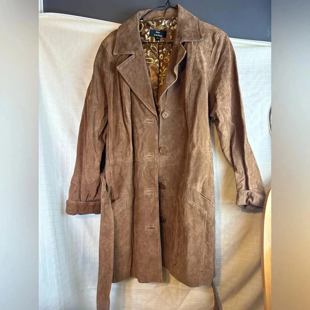 Womens Dennis Basso Washable Genuine Leather Brown Tan Jacket Longer W Belt “Pic